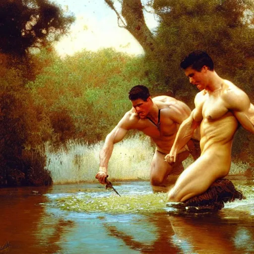 Image similar to muscular robbie amell panning for gold in a river, painting by gaston bussiere, craig mullins, j. c. leyendecker, tom of finland
