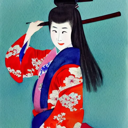 Prompt: watercolor painting of a beautiful japanese girl wearing a kimono and smiling, holding a samurai sword,