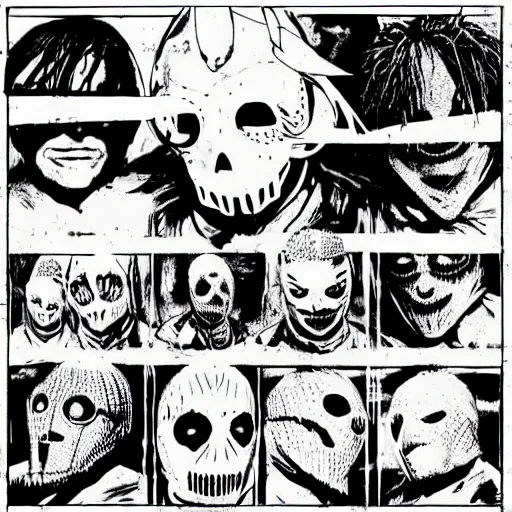 Image similar to slipknot band in the style of dorohedoro