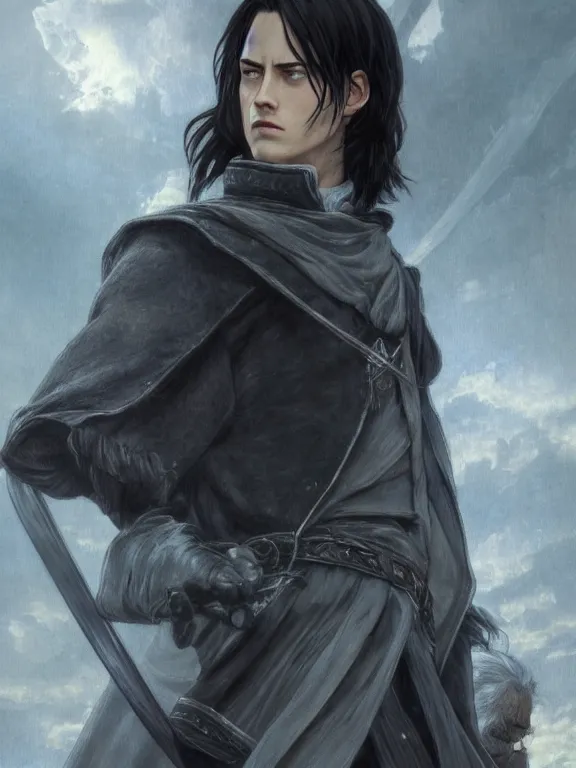 Image similar to levi ackerman, the lord of the rings, hyper detailed,, 8 k realistic, trending in artstation, digital painting, studio quality, cryengine, frostbite 3 engine, character design, smooth, sharp focus, art by artgerm and greg rutkowski and alphonse mucha and ian sprigger and wlop and krenz cushart