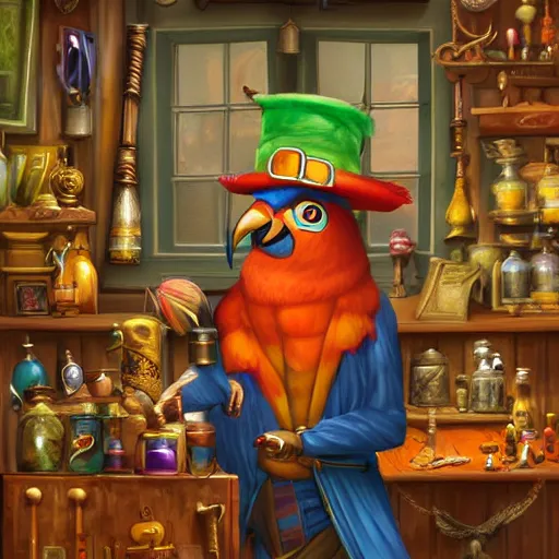 Image similar to Anthropomorphized parrot trader in his shop, presenting his wares, portrait, items, magic potions, carpet, window, fancy hat, sly expression , cunning expression, cute expression, presenting wares, D&D, fantasy, cinematic lighting, highly detailed, digital painting, artstation, concept art, smooth, sharp focus, illustration, warm light, cozy warm tint, magic the gathering artwork, volumetric lighting, 8k, art by Akihiko Yoshida, Greg Rutkowski