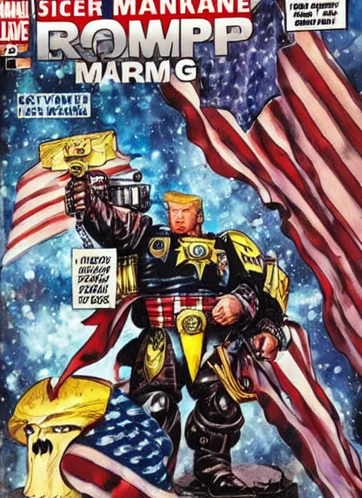 Image similar to comic book cover of donald trump as a space marine from warhammer 4 k, big crowd people are happy and cheering