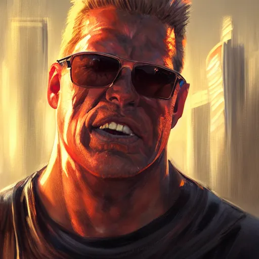 Image similar to a closeup portrait of duke nukem, dramatic light, city background, sunset, high contrast, sharp, painted by stanley lau, painted by greg rutkowski, painted by stanley artgerm, masterpiece, digital art, trending on artstation