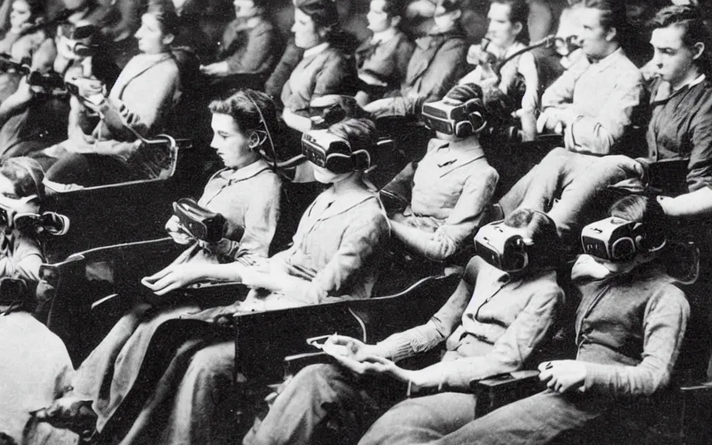 Image similar to 1 9 0 0 s photo of people using iphones ipods virtual reality headsets vr watching hd tv in a movie theater