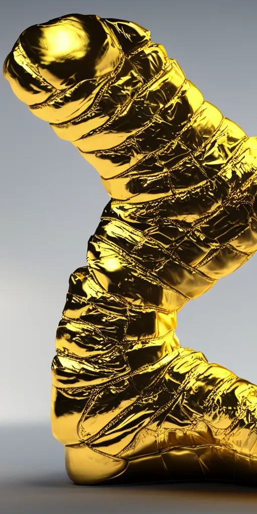 Prompt: 3d render of an alien wearing sneakers made of gold, ultra realistic, ultra HD