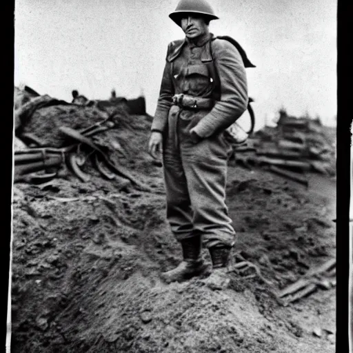 Image similar to omni man, historical photo, ww 2, trench
