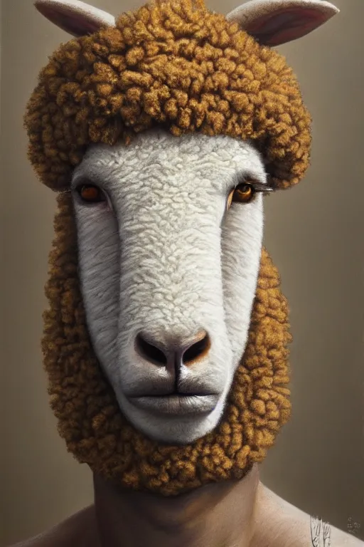 Prompt: anthropomorphic sheep as a ryan, oil on canvas, intricate, portrait, 8 k highly professionally detailed, hdr, cgsociety