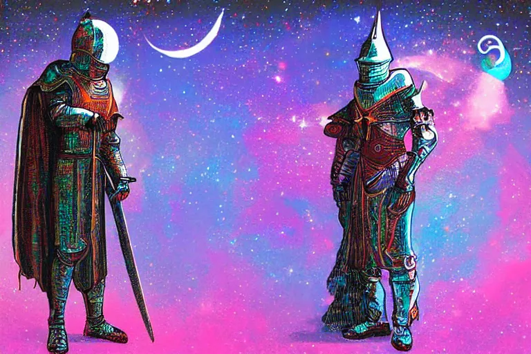 Image similar to digital art of a spiritual medieval knight looking up at the stars, acrylic art, universe, painting, pastel colors, synthwave, retro, cyberpunk,