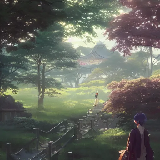 Image similar to a japanese park, highly detailed vfx portrait, unreal engine, greg rutkowski, loish, rhads, caspar david friedrich, makoto shinkai and lois van baarle, ilya kuvshinov, rossdraws, elegent, tom bagshaw, alphonse mucha, global illumination, detailed and intricate environment.