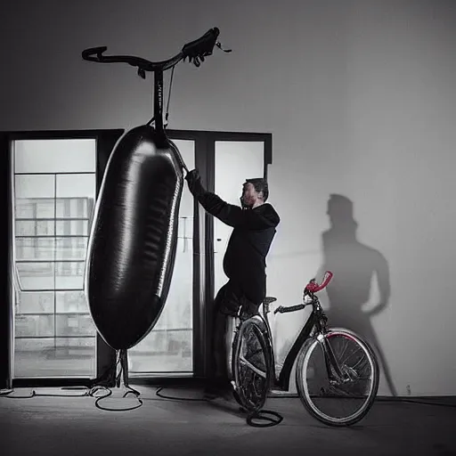 Prompt: “man with bicycle pump inflating a blimp, highly detailed, dramatic lighting”