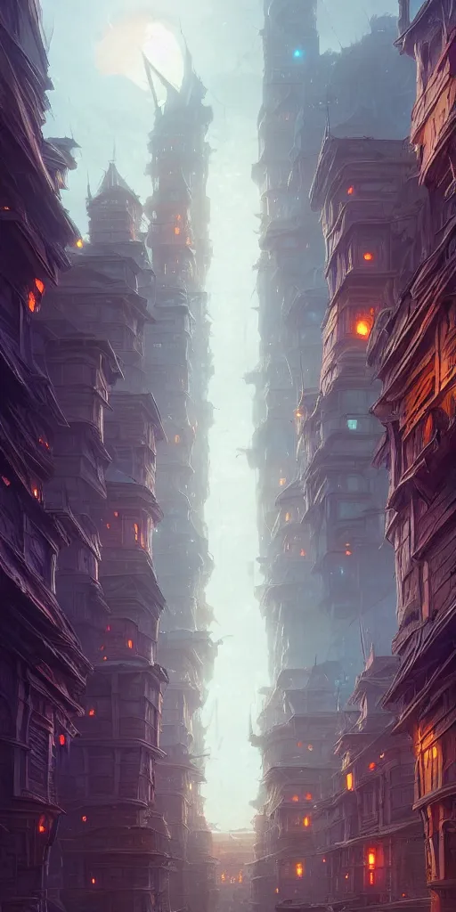 Image similar to a city built on a giant 🪜, unreal engine, fantasy art by greg rutkowski, loish, rhads, ferdinand knab, makoto shinkai and lois van baarle, ilya kuvshinov, rossdraws, tom bagshaw, global illumination, soft light, detailed and intricate environment