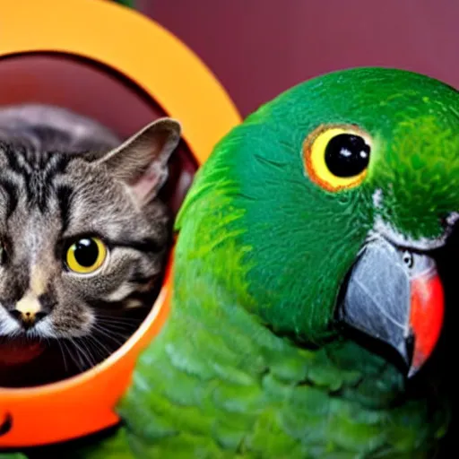 Image similar to spherical cat with wings attacks a parrot