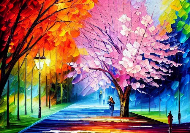 Image similar to a beautiful cherry blossom Japanese tree, oil painting by Leonid Afremov