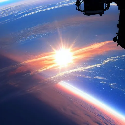 Prompt: sunrise over a flat earth in space