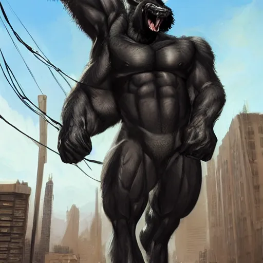 Image similar to a gigantically musclebound black - furred male anthro horse in a tactical outfit in a city warzone, absurdly hulking physique, furaffinity, furry art, highly detailed, digital painting, artstation, sharp focus, smooth, concept art, illustration, art by artgerm, greg rutkowski, wlop