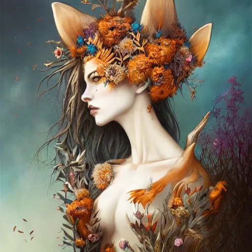 Image similar to fine art photo of the beauty goddess foxes, she has a crown of dried flowers, by peter mohrbacher