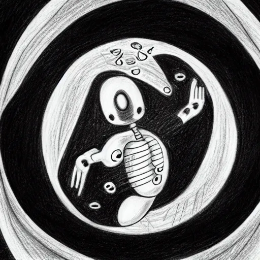 Image similar to a drawing of a pregnant robot giving birth to emerging yin - yang daoist symbol emerging from womb, black and white detailed pencil drawing dao