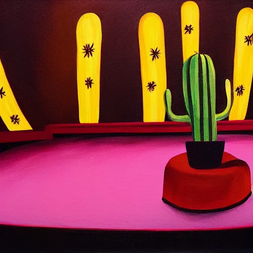 Image similar to a painting of a cactus playing a guitar on stage in the spotlight in a smoky night club