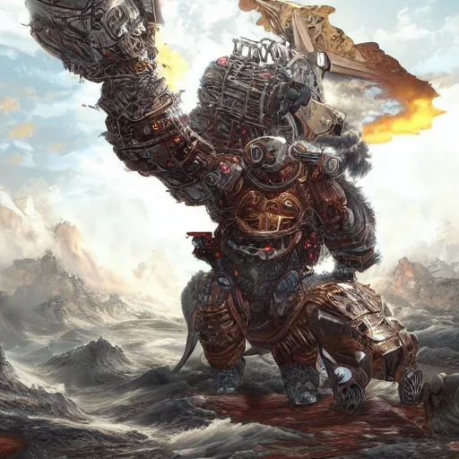 Image similar to An epic fantasy painting Elon Musk riding a cyborg biomechanical bear into battle, hyperdetailed, intricate, by Artgerm, trending on artstation