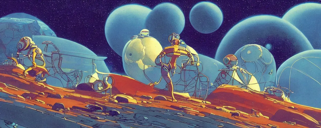 Image similar to a man on field spaceship station landing laying outer worlds in FANTASTIC PLANET La planète sauvage animation by René Laloux