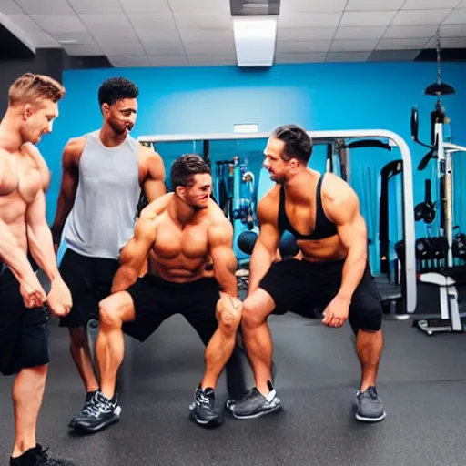 Image similar to photo of typical gym bros being bros at the gym