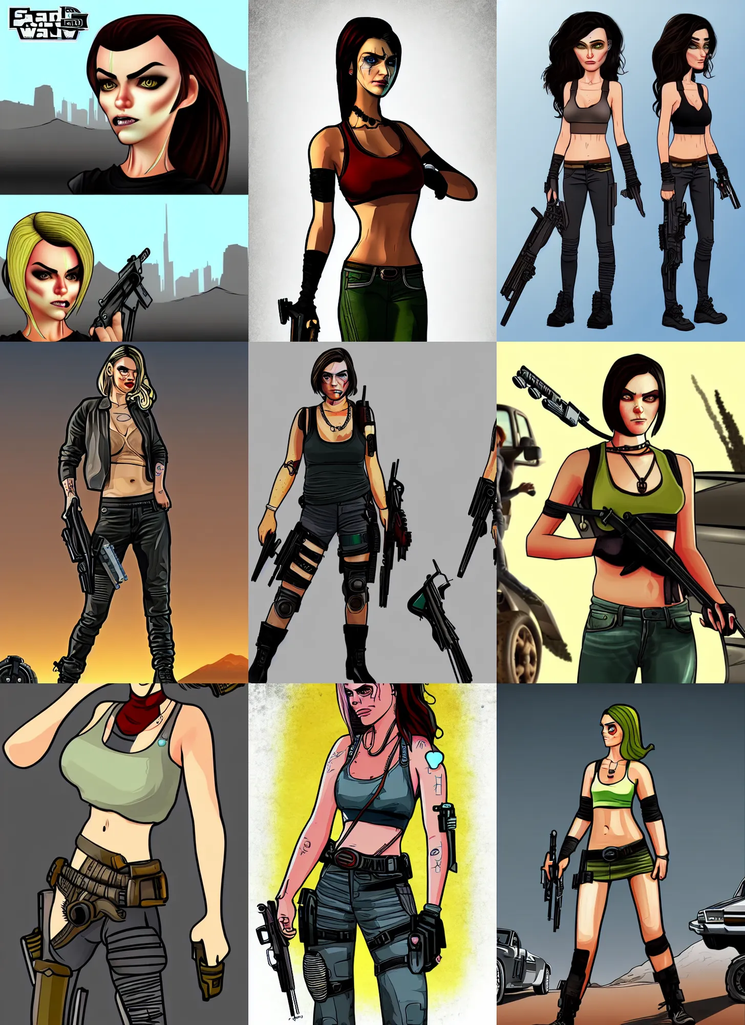 Prompt: gtav and cartoon style of a female mad max with a beautiful face, in a dystopian world, full body concept