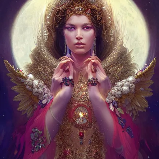 Image similar to A beautiful digital painting of a female Seraphim full of jewels, princess, the moon behind her, intricate, cinematic lighting, highly detailed, digital painting, Artstation, concept art, smooth, sharp focus, illustration, art by Tom Bagshaw, Artgerm and Greg Rutkowski