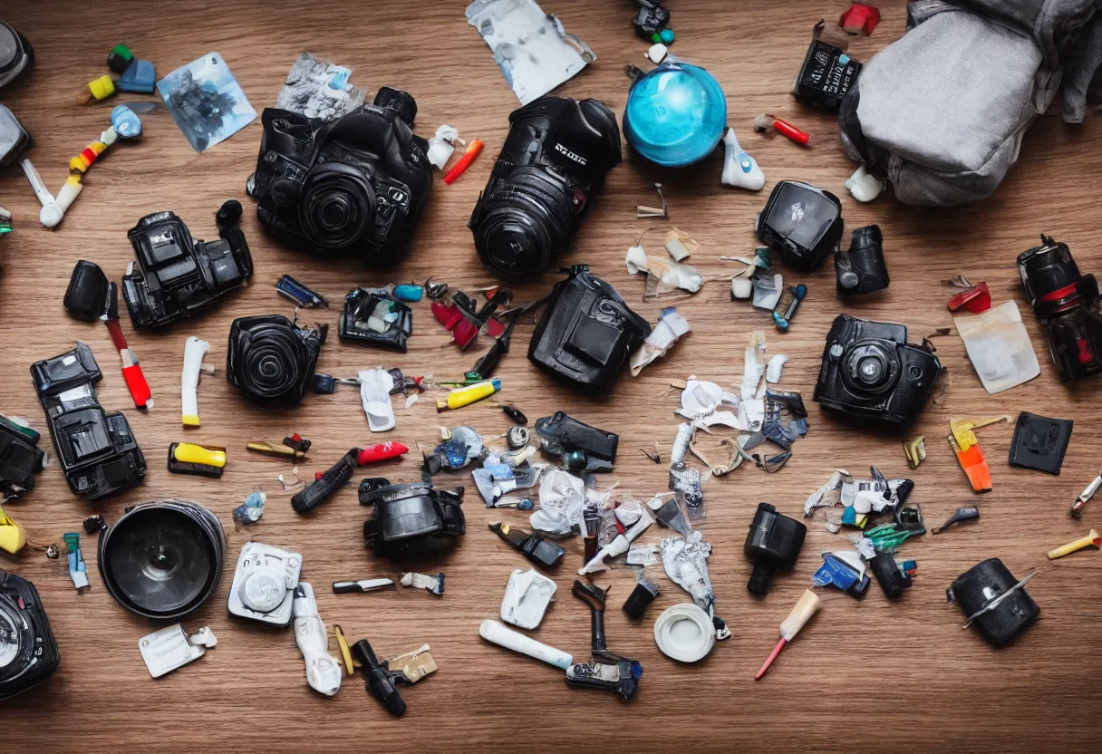 Image similar to wide dslr photo still of an occult toy on a table cluttered with drug paraphernalia