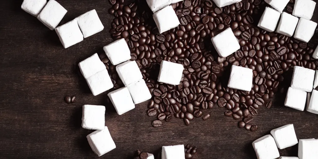 Image similar to photograph of a marshmallow cubes with sprinkles and on a dark wooden chopping board, pastel colours, hessian cloth, styled food photography, photorealistic, 4 k, coffee, chocolate, hdr, 8 k