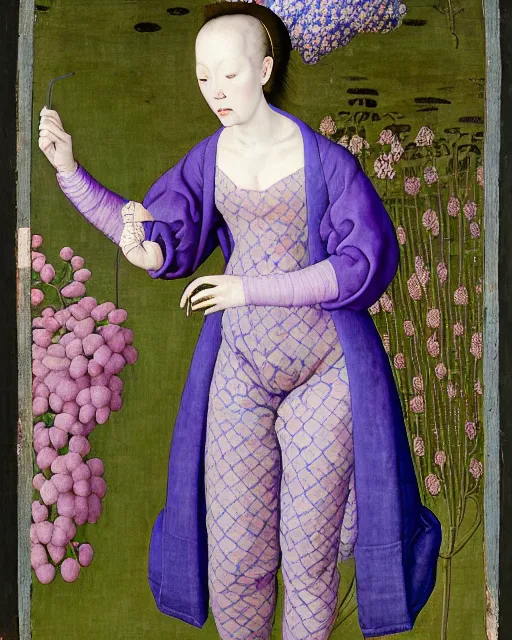 Image similar to portrait of a woman with lilac long hair wearing a baggy blue pajama, standing in a big garden full of plants and, intricate details, high detail, in the style of rogier van der weyden and jacopo da pontormo, punk, asian art,