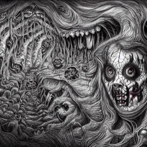 Image similar to scariest horror nightmare by junji ito digital art, deepdream cosmic, 3 d high definition, trending on artstation, photorealistic, high resolution, 8 k, octane, hyper detailed, trending on deviantart insane details, intricate, elite, ornate, elegant trend, highly detailed and intricate, sharp focus, photography, unreal engine