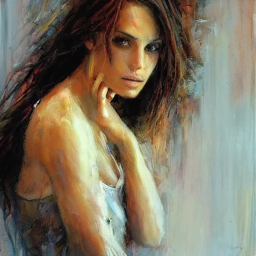 Image similar to portrait of beautiful confident women with deep eyes, messy hair, by henry asencio
