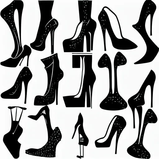 Prompt: Set of different woman platform shoe silhouettes, vector art. black white,