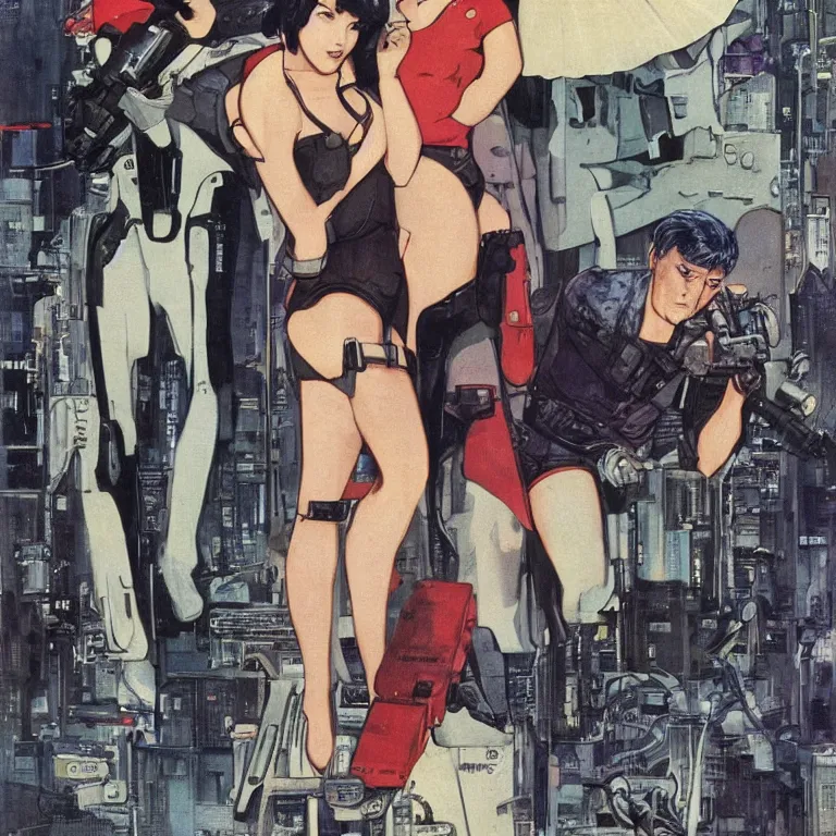 Prompt: scifi Ghost in the Shell by Robert McGinnis, pulp comic style, circa 1958, photorealism