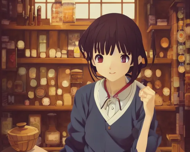 Image similar to anime visual, portrait of a young female traveler in a alchemist's shop interior, cute face by yoh yoshinari, katsura masakazu, studio lighting, dynamic pose, dynamic perspective, strong silhouette, anime cels, ilya kuvshinov, cel shaded, crisp and sharp, rounded eyes, moody