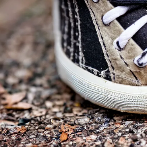 Image similar to a cute baby raccoon together with a white sneaker shoe with its laces undone, highly detailed, award winning, national geographic wildlife photo, bokeh, 5 0 mm f 1. 4, soft lighting