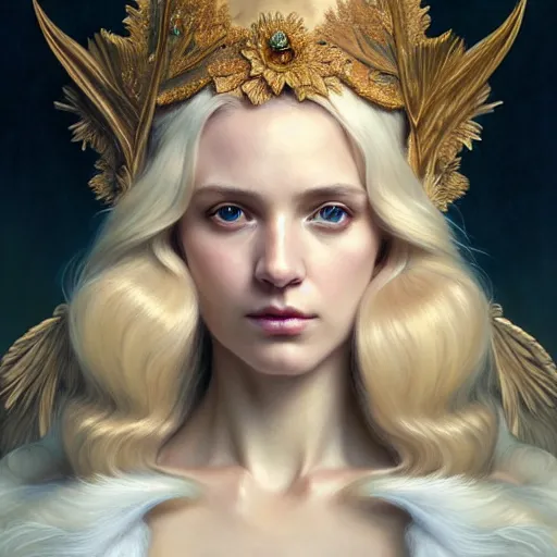 Image similar to portrait painting of a beautiful blonde lady with a kind face wearing a feathered cloak and a fancy dress, ultra realistic, concept art, intricate details, eerie, highly detailed, photorealistic, octane render, 8 k, unreal engine. art by artgerm and greg rutkowski and charlie bowater and magali villeneuve and alphonse mucha