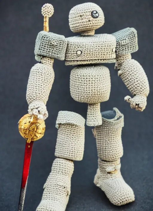 Image similar to a crochet mecha, holding a sword, realistic, no cropping, full body, Sigma 50 mm f/1.4