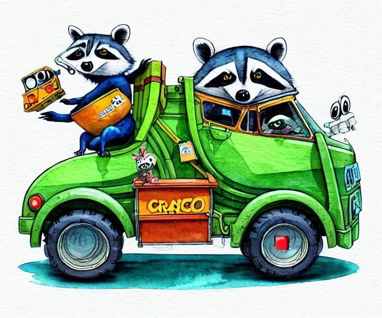 Image similar to cute and funny, racoon wearing goggles driving a tiny garbage truck, ratfink style by ed roth, centered award winning watercolor pen illustration, isometric illustration by chihiro iwasaki, edited by craola, tiny details by artgerm and watercolor girl, symmetrically isometrically centered