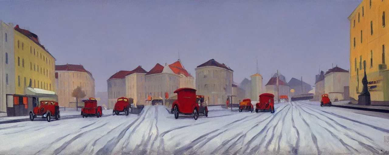 Prompt: an edward hopper style painting of a busy road of ( ( ( ( ( ( ( ( gyor ) ) ) ) ) ) ) ) in hungary, early - winter, december of 1 9 4 8