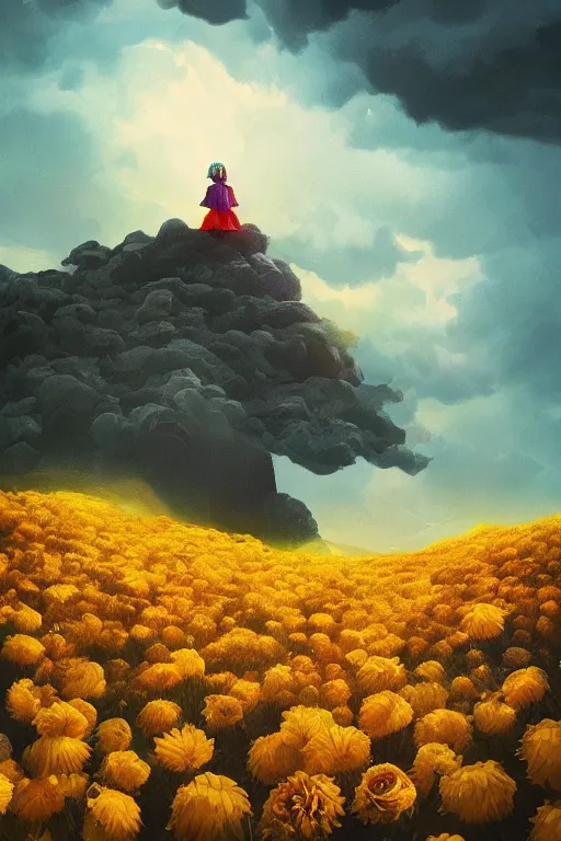 Image similar to closeup girl with huge yellow dahlia flower face, intricate, standing on mountain, surreal photography, blue storm clouds, dramatic light, impressionist painting, digital painting, artstation, simon stalenhag