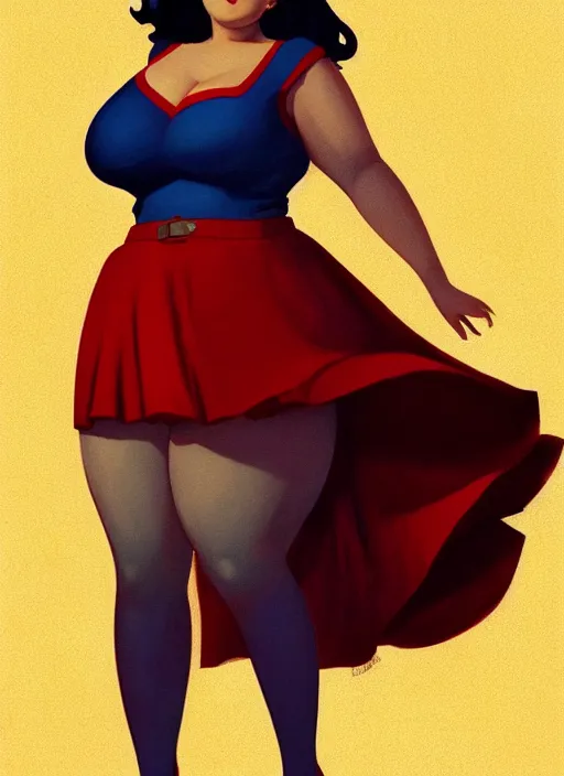 Image similar to full body portrait of teenage veronica lodge, obese, bangs, sultry, realistic, sultry smirk, wavy hair, red skirt, fat, belly, intricate, elegant, glowing lights, highly detailed, digital painting, artstation, concept art, smooth, sharp focus, illustration, art by wlop, mars ravelo and greg rutkowski