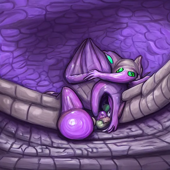 Image similar to inside a cavernous living stomach, the walls purple and pulsing, lots of acid pooling up on the floor, digesting and dissolving a small dragon, food pov, micro pov, vore, digital art, furry art, anthro art, high quality, 8k 3D realistic, macro art, micro art, Furaffinity, Deviantart, Eka's Portal, G6