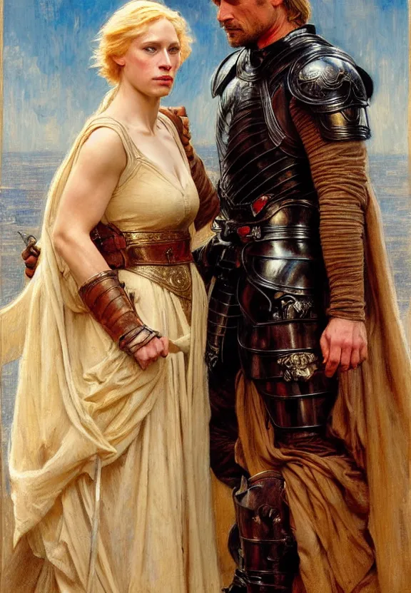 Image similar to attractive fully clothed jaime lannister confesses his love for attractive fully armored brienne of tarth. tender looks. highly detailed painting by gaston bussiere and j. c. leyendecker 8 k