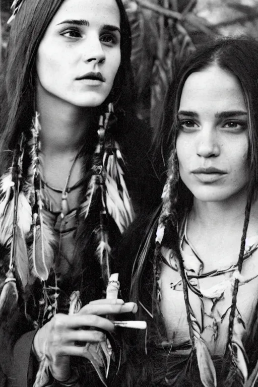 Image similar to photo of two native american indian woman's : emma watson and angelina jolie smoking a pipe of peace, portrait, skilled warrior of the apache, ancient, realistic, detailed