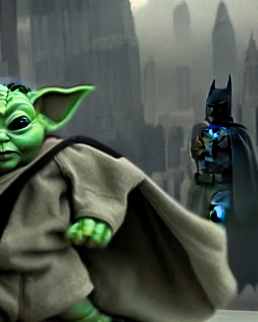 Image similar to epic action still of baby yoda wearing batman outfit as batman in the style of batman the dark knight rises