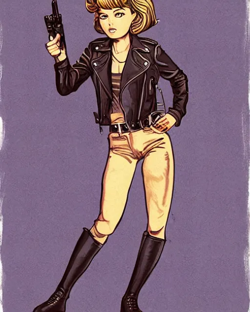 Image similar to young female protagonist in leather jacket with gun, city street, artwork by ralph bakshi