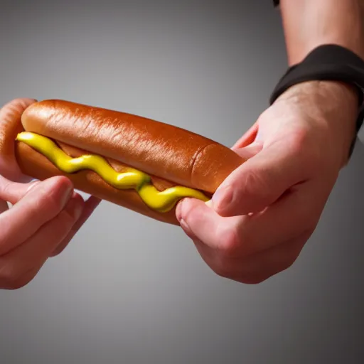 Prompt: man with morphing hot dog hands hyper realistic 4k with red eyes