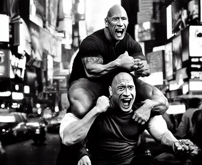 Image similar to Dwayne the Rock Johnson riding on the back of Adam Sandler, doing Methamphetamine at Times Square, photograph by Alfred Eisenstaedt, 4K, dramatic lighting; 4K 8K