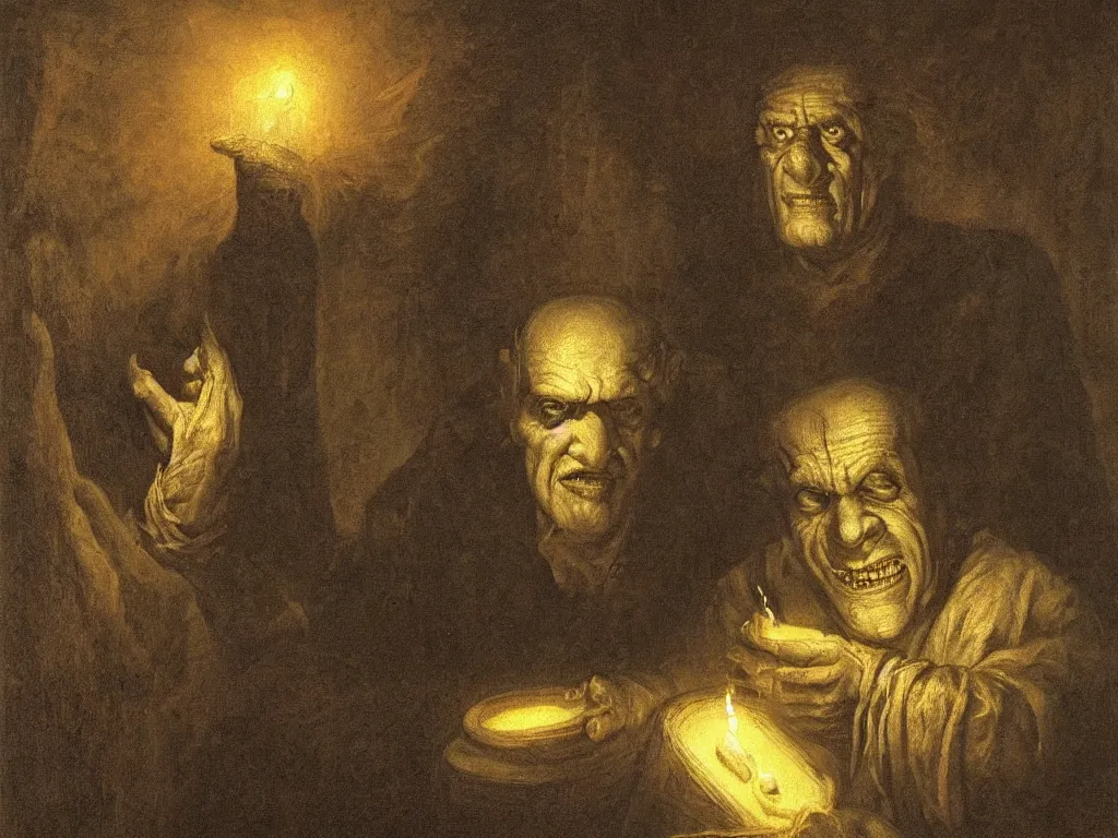 Prompt: Expressive portrait of an old frankenstein. Candlelight. Painting by Gustave Dore, rembrant